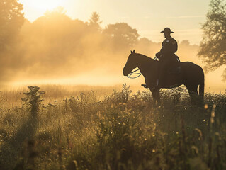 mounted police officer on a horse, open field, early morning fog
