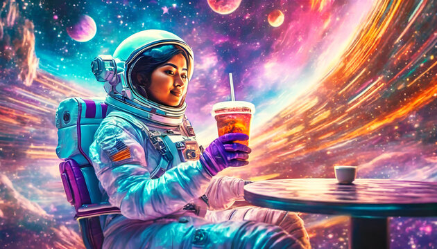 Women astronaut casually seated at a sci-fi cosmic cafe, holding a drink. Ai art. Pop art concept