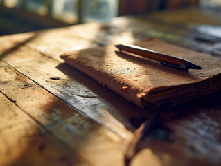 recycled paper notepad with a bamboo pen, warm morning light highlighting texture