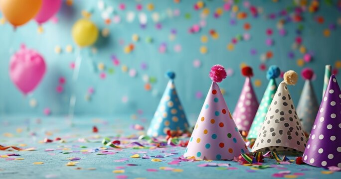 colorful party hats and confetti on blue background