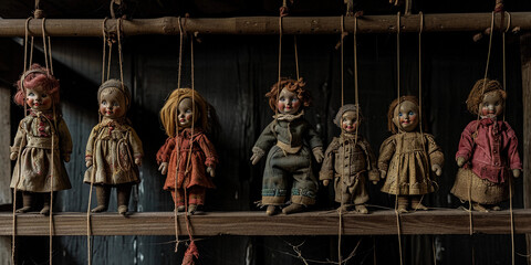 Marionette dolls, hanging in a wooden puppeteer’s stand, spotlight lighting