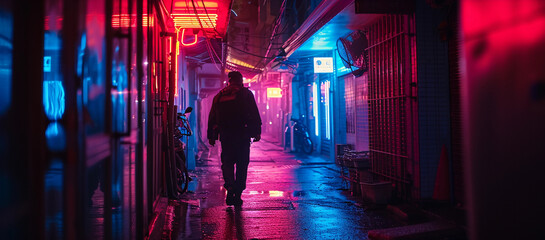 night scene, an officer patrolling a neon-lit alley, high contrast and colors