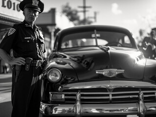 Fototapeta na wymiar 1950s beat cop, standing by a classic police car, black and white