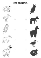 Find the correct shadows of black and white South American animals. Logical puzzle for kids.