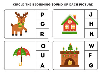 Worksheet for kids. Find the beginning sound of cute Christmas characters.
