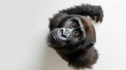 Obraz premium a chimpanzee on white background is looking up. Generative AI
