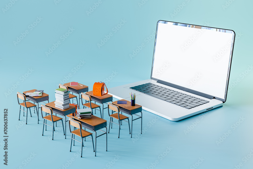 Poster 3d rendering of open laptop with white screen near wooden chairs and notebooks placed on table