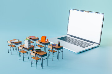 3d rendering of open laptop with white screen near wooden chairs and notebooks placed on table