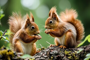 Capturing essence of nature. Cute brown squirrel in forest habitat. Adorable wildlife. Enjoying nut in park. Closeup portrait of curious and rodent