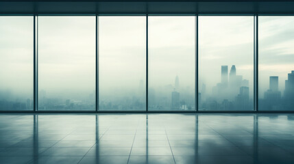 Floor glass windows through which you can see the big city with skyscrapers in the fog, a place for...