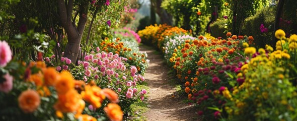 flowers in a garden with a path leading to flowers