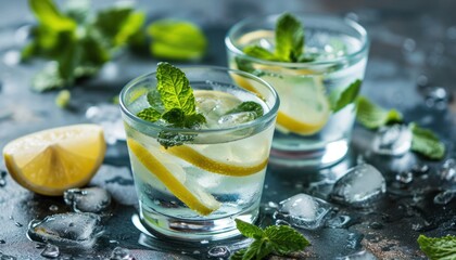 fresh water with lemon and mint leaves in glasses - obrazy, fototapety, plakaty