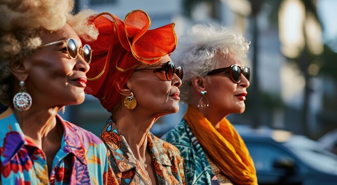 four women on the street wearing colorful clothing and sunglasses