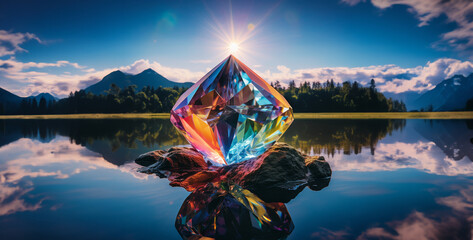 a rainbow diamond in a river with a real rainbow across