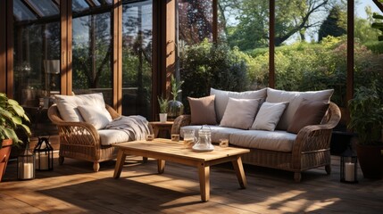 terrace with rattan including sofa, table and chairs on wooden floor with sunny garden
