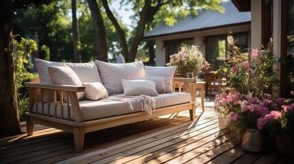 terrace with rattan including sofa, table and chairs on wooden floor with sunny garden