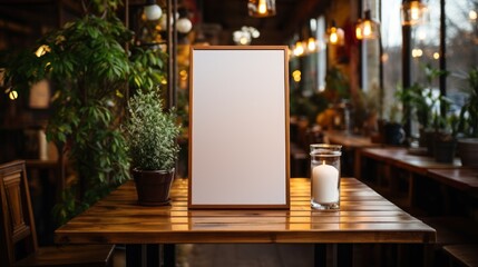 Blank menu board on wooden table with coffee shop background - Powered by Adobe
