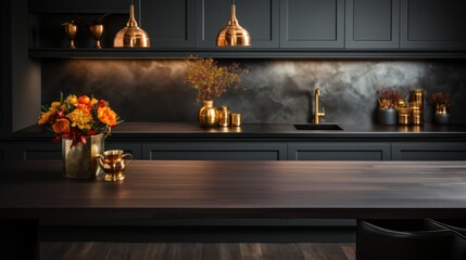 modern luxury kitchen in black with gold-colored appliances and wooden tables