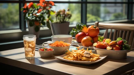 Zelfklevend Fotobehang healthy lunch at table with bread, orange, tomato, drink © Prasojo