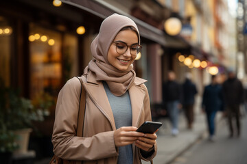 Young Muslim woman in hijab looking away holding smart phone while walking on street in city