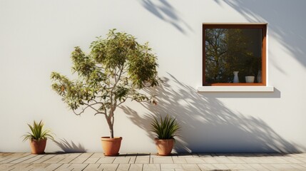 Fototapeta na wymiar window in white plaster wall of house. green plants near the wall. front look.