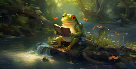a cute frog reading by a peaceful river - obrazy, fototapety, plakaty