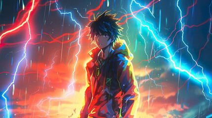 Anime Charakter im Gewitter - Kraft und Entschlossenheit - obrazy, fototapety, plakaty