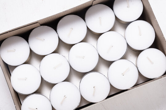 Lot of White Tealight Candles in Bulk, in carton packing box