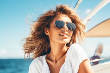 Stunning Woman on Yacht with Cool Sunglasses Enjoying Sunny Day