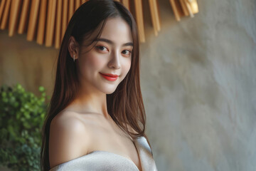 Fototapeta premium Attractive glamour beautiful elegance asian woman in stylish dress hairstyle portrait shot smile look at camera