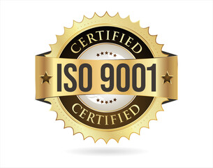 ISO 9001 certified golden badge vector illustration on white background  - obrazy, fototapety, plakaty