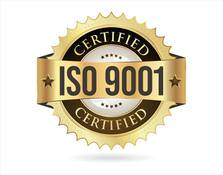 ISO 9001 certified golden badge vector illustration on white background 