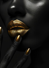 Black girl with gold make-up touches her lips with her fingers, magazine cover fashion photo