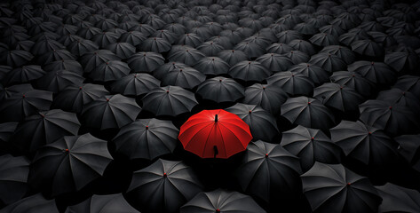 lots of black umbrellas with one red umbrella in the middle, black and red umbrellas - obrazy, fototapety, plakaty