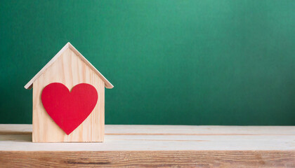 House wood with heart shape on wooden and green background, copy space