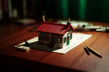 Mini residential craft house. Mini house on desk, Real estate concept. Generative AI.