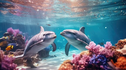 group of dolphins in colorful underwater, AI generative.group of dolphins in colorful underwater,...