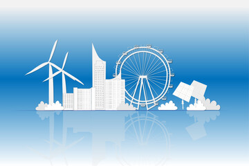 White silhouettes of Vienna buildings on a blue background with a mirrored reflection