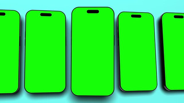 Modern smartphones in a row with green screen for content replacement