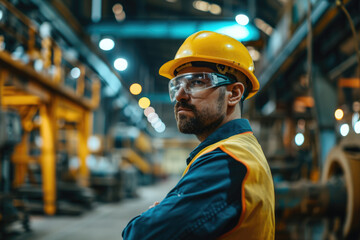Portrait of a man in a construction helmet at work in a workshop at a factory