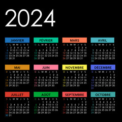 2024 french calendar. printable, editable template vector illustration 