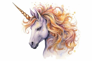 Watercolor unicorn, fairy tale creature with gold curly hair, isolated on white background. Generative AI