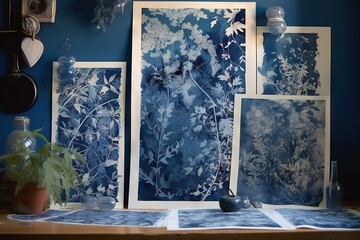 Cyanotype workshop graphic print design, blue and white colors with floral, natural elements.