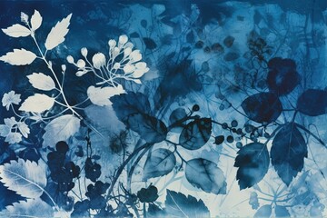 Cyanotype workshop graphic print design, blue and white colors with floral, natural elements.