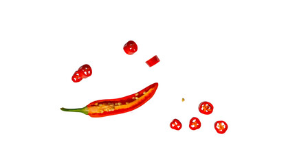 Flying slices and half of red chili pepper on a neutral transparent background, PNG