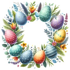 Easter holiday wreath with colorful eggs, flowers and palnt herbs round frame for greeting card design