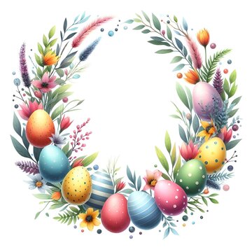 Easter holiday wreath with colorful eggs, flowers and palnt herbs round frame for greeting card design