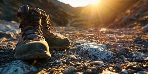Hiking shoes on a rocky mountain path at sunrise, ultra-detailed, capturing the worn texture and surroundings - obrazy, fototapety, plakaty