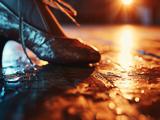 ballet slipper tip, poised on a wooden dance floor, with soft, ambient lighting reflecting the sweat and texture