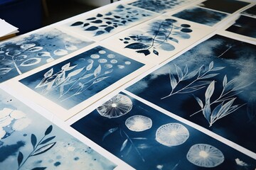 Fototapeta na wymiar Cyanotype workshop graphic print design, blue and white colors with floral, natural elements.